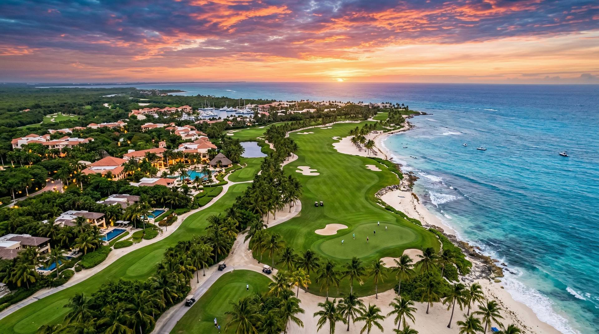 Aerial view of tropical resort with ocean